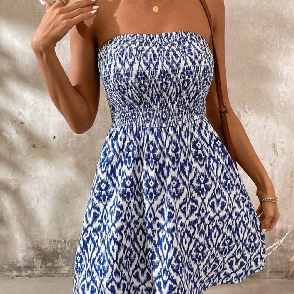 NWOT Blue and White Strapless Dress
